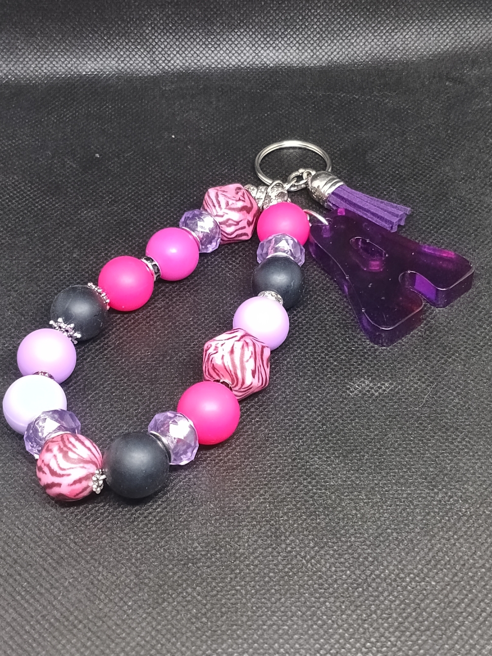 Unbranded Pink & Purple Beaded Keychain Bracelet with Tassel